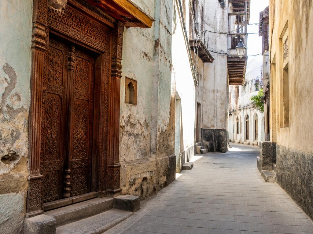 Winding streets of Mombasa Old Town with carved wooden doors and Swahili architecture