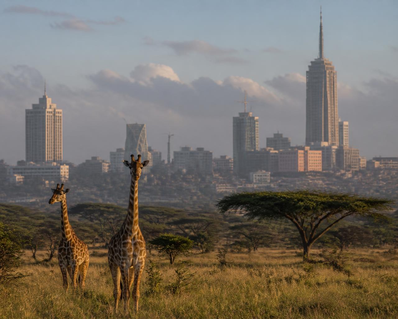 Wildlife grazing in Nairobi National Park with the city skyline behind