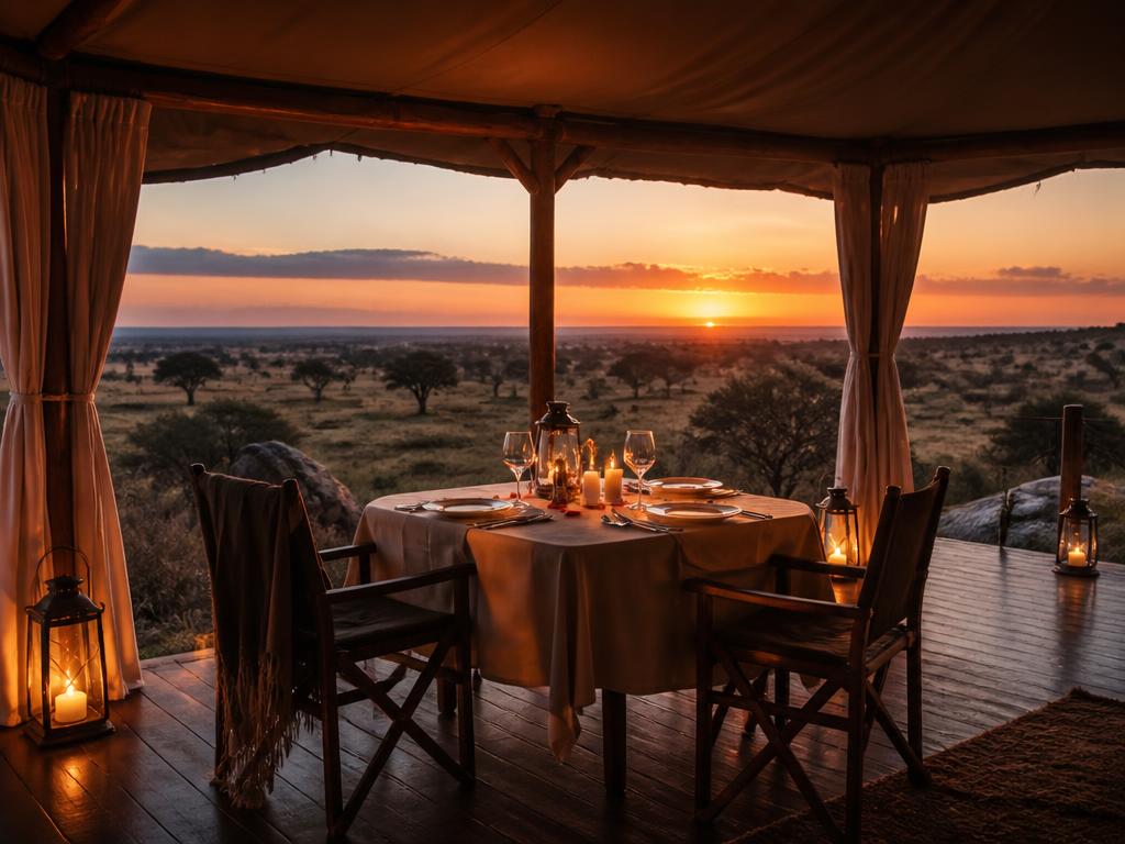 Luxury open-air safari tent with a candlelit dining table for two at sunset