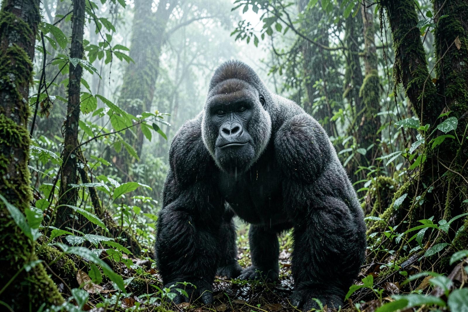 Silverback mountain gorilla sitting in misty Bwindi rainforest in Uganda