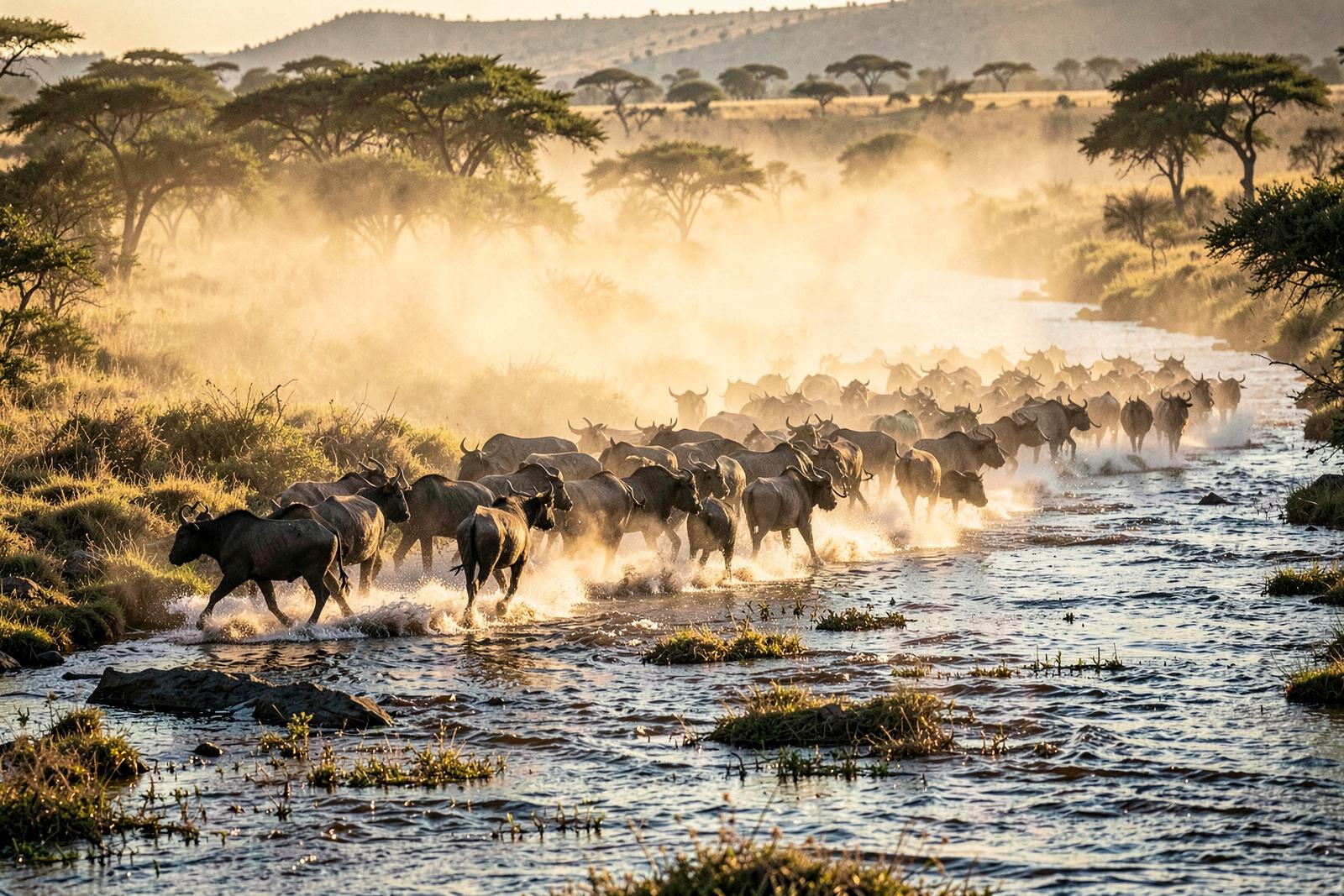Wildebeest herd crossing a river between Kenya and Tanzania in golden light