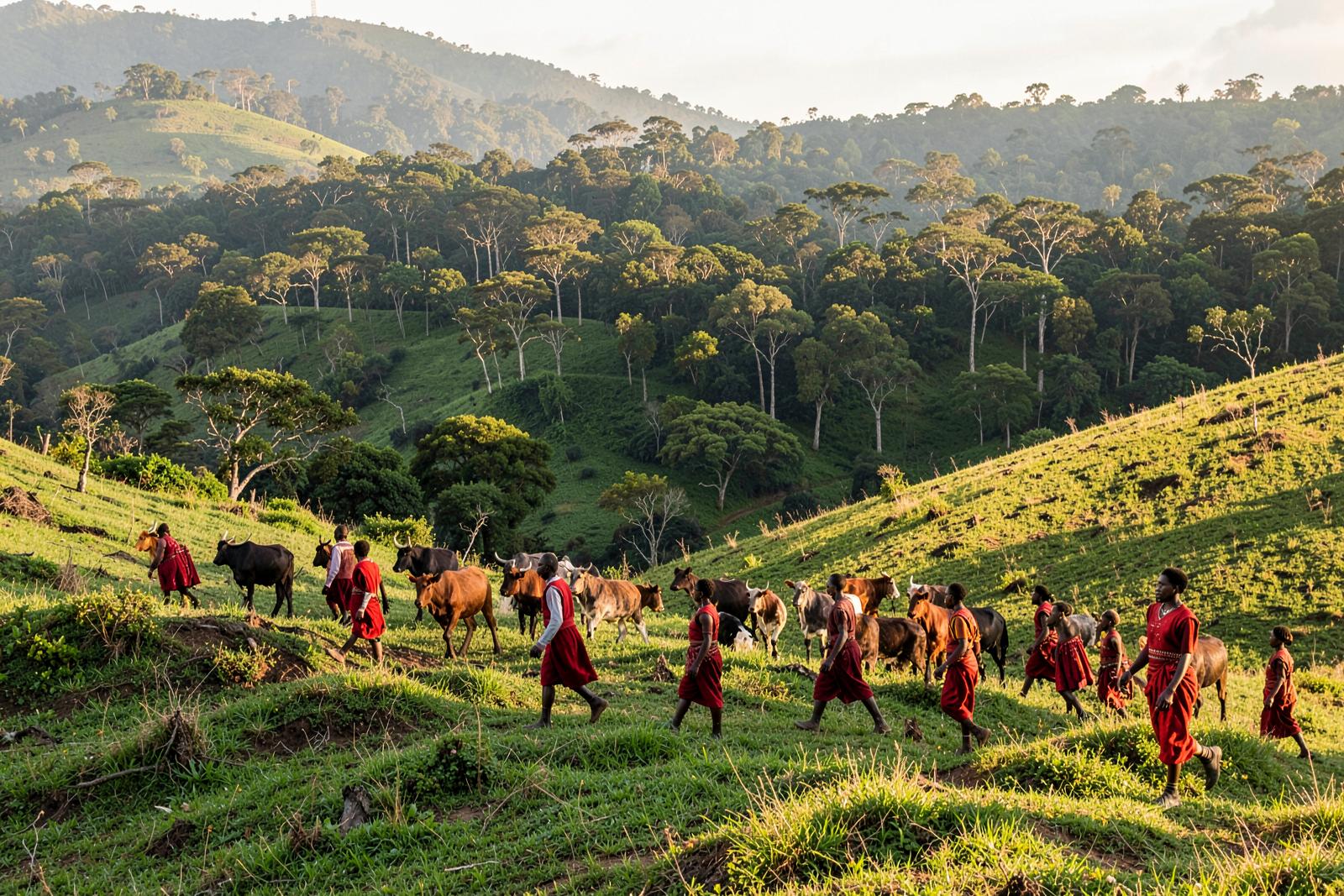 Maasai herders in red shukas walking with cattle through the green Loita hills