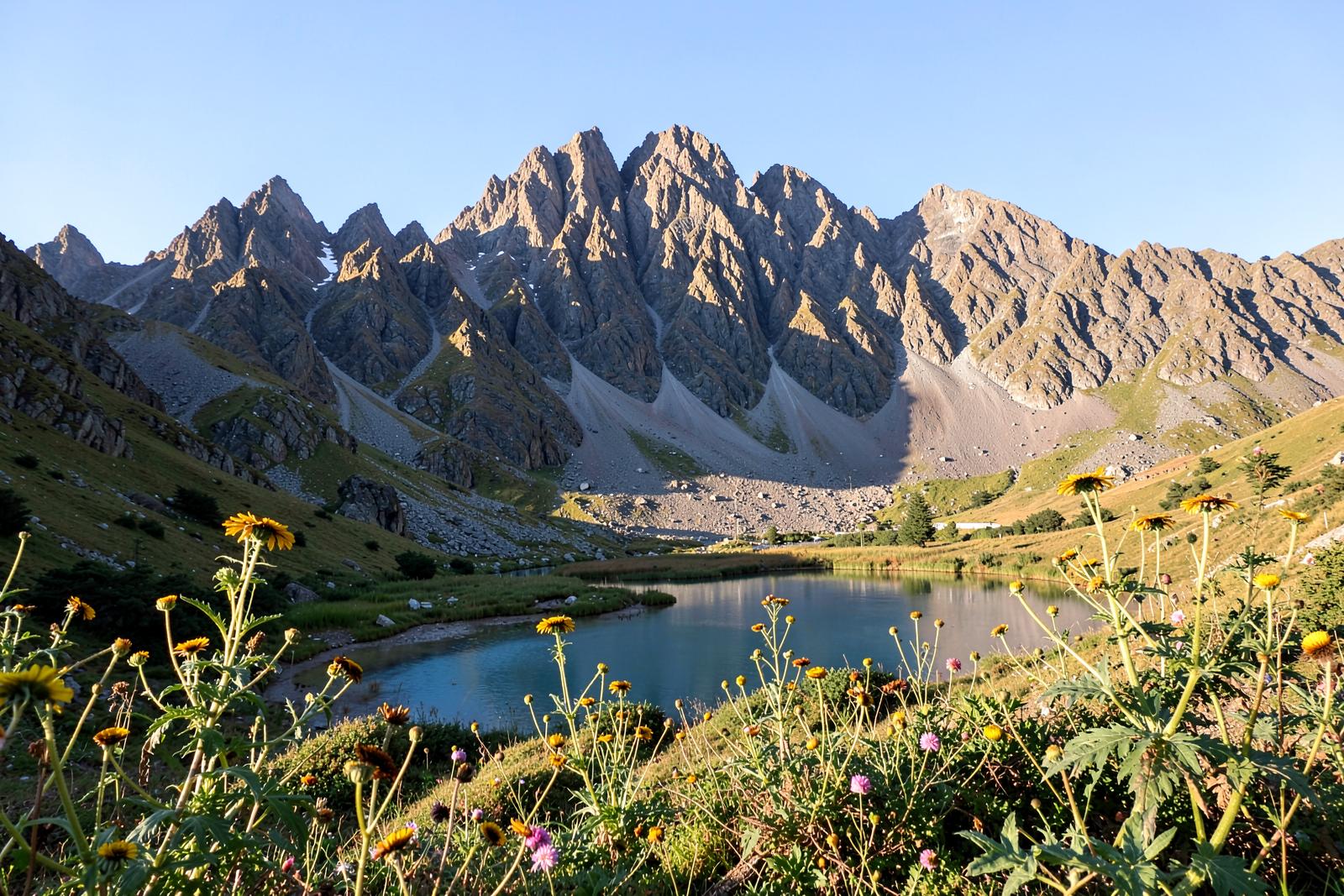 Jagged glaciated peaks of Mount Kenya above an alpine tarn at sunrise