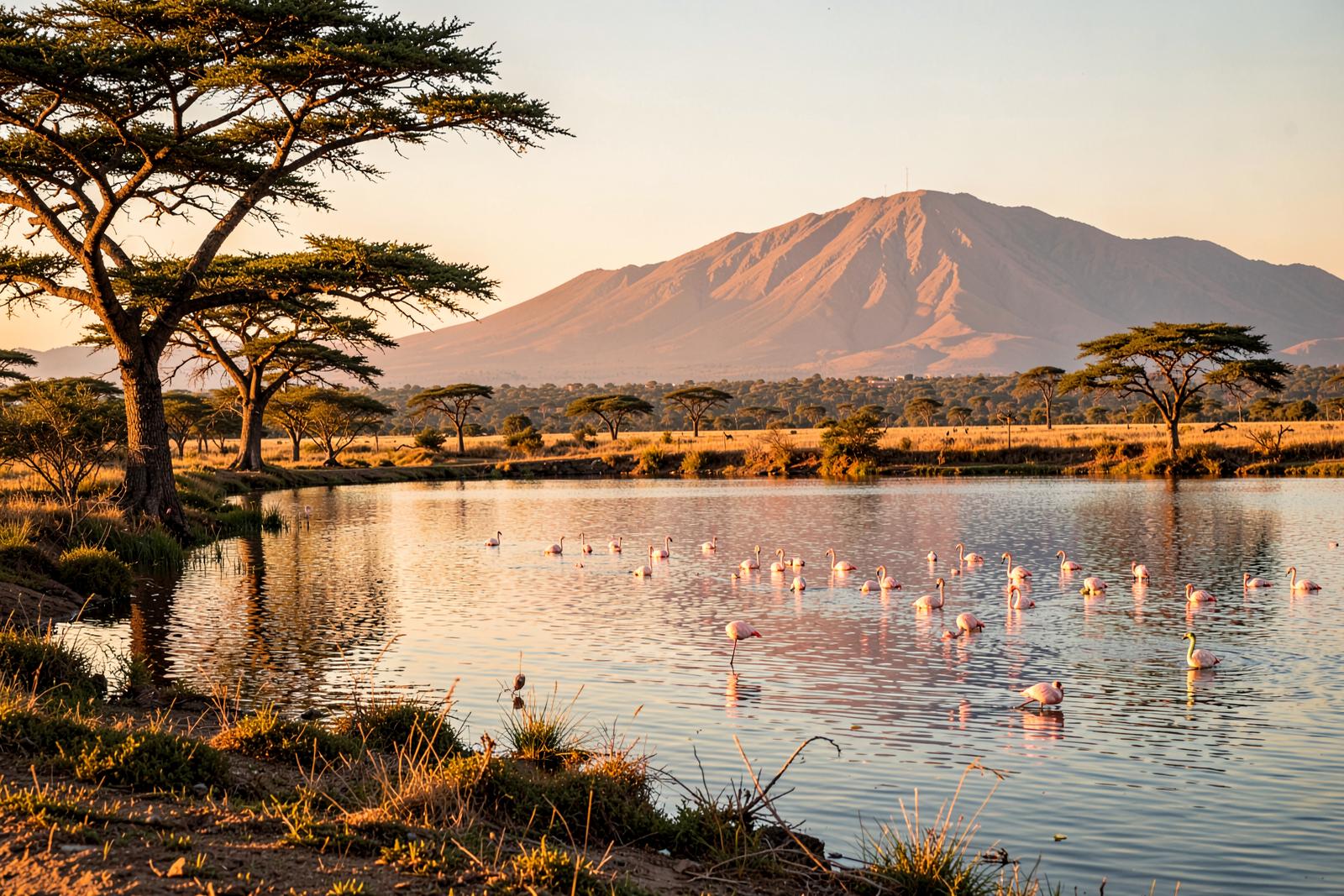 Lake Naivasha at golden hour with acacia trees, flamingos and Mount Longonot behind
