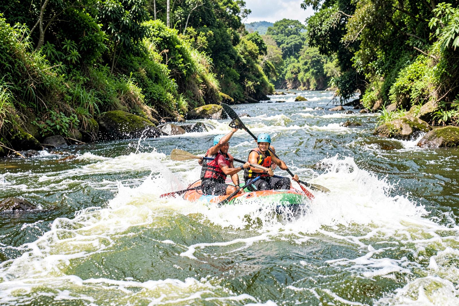 Rafting team paddling through white water rapids on the Sagana river in Kenya