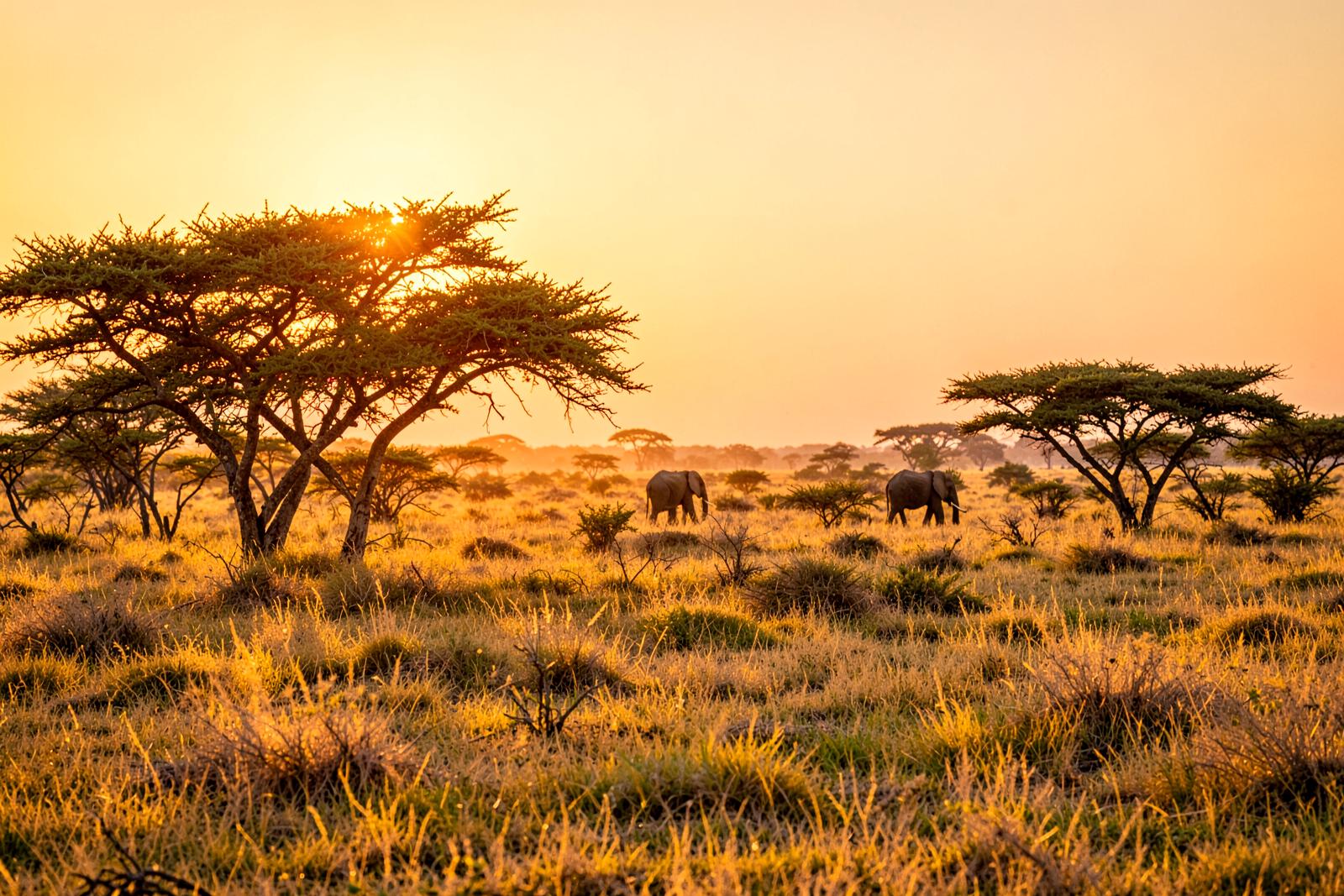 Serengeti plains at sunrise with acacia trees and a distant elephant herd